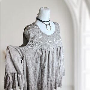 Time and Tru Taupe Lace-Yoke Cold-Shoulder Tunic